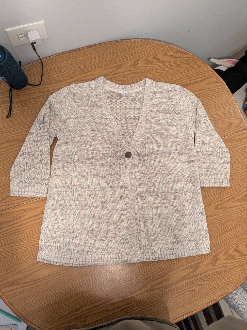j jill cotton linen blend cardigan sweater oatmeal medium petite 3/4 sleeve